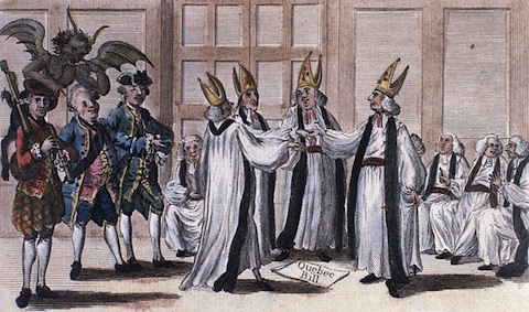 'The Mitred Minuet' (Lord Bute, Lord North, and Lord Chief Justice Mansfield celebrate the passing of the Quebec Act of 1774). Library and Archives Canada