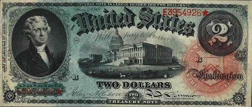 $2 Bill from 1869, photo courtesy of Wikipedia