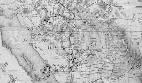 Map of copper and silver mines in near US-Mexico border, part of a mining report sent to Reichskanzler Bismarck in Berlin in September 1871 / Bundesarchiv Berlin-Lichterfelde