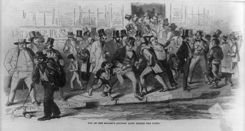 Run on the Seamen's Savings' Bank during the Panic of 1857. Harper's Weekly, 31 October 1857 (Vol. 1, p. 692).