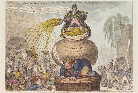 'John Bull and the sinking-fund - a pretty scheme for reducing the taxes & paying-off the national debt!'  by James Gillray, published by Hannah Humphrey hand-coloured etching, published 23 February 1807 NPG D12885 © National Portrait Gallery, London