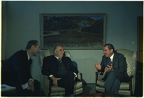 President Nixon meeting with President Pompidou of France and President Eldjarn of Iceland, in Reykjavik, Iceland 5/31/1973 Collection RN-WHPO: White House Photo Office Collection (Nixon Administration) National Archives Identifier: 194512  Pictured: President Kristjan Eldjarn, President Georges Pompidou, President Nixon. Subject: Trip to Iceland - Pompidou. 